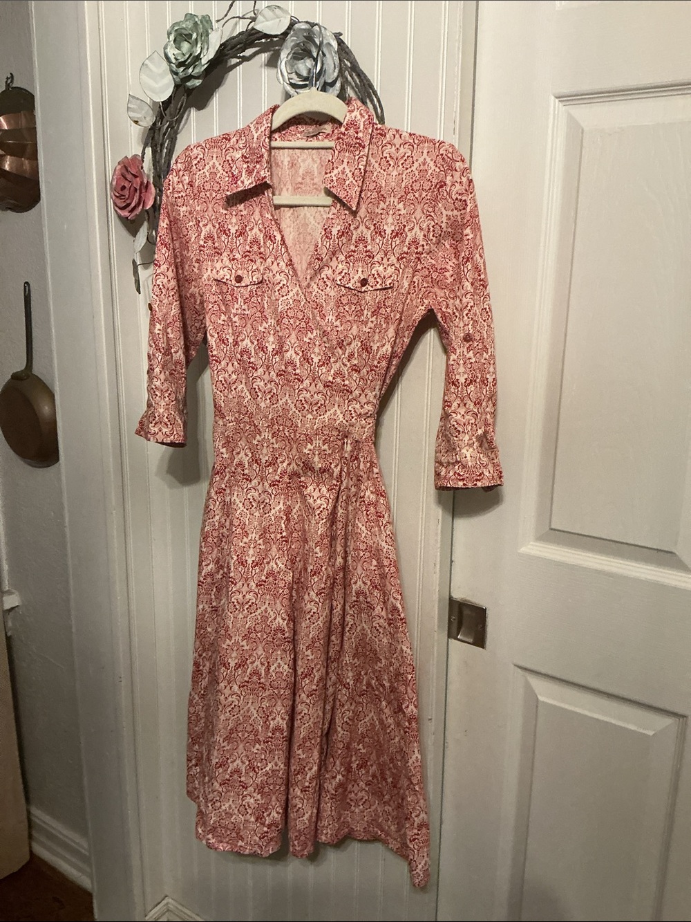 Tie-Waist Red Patterned Wrap Dress 100%cotton